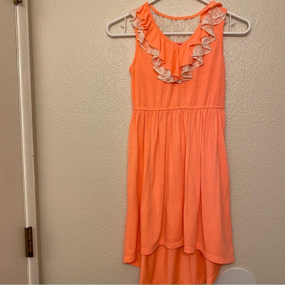 Pinky girls coral ruffle long sleeveless hi low maxi summer dress lace trim 10